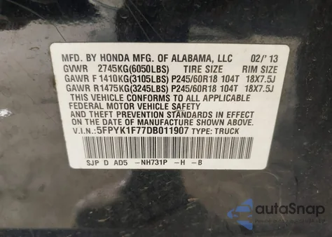 2013 Honda Ridgeline Sport z USA, uszkodzony, nr VIN 5FPYK1F77DB011907